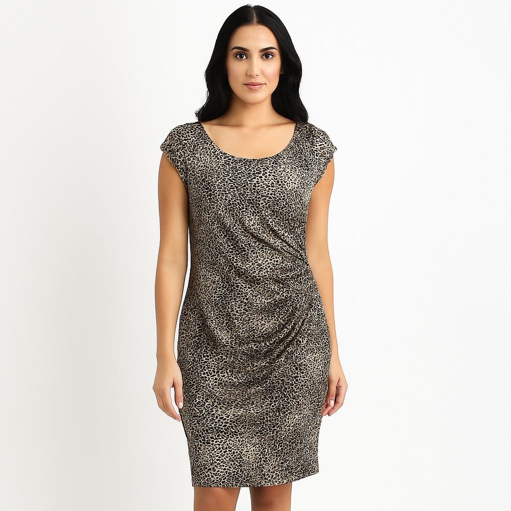 Ann Taylor animal print Ruched  Black/White sheath dress Size 14